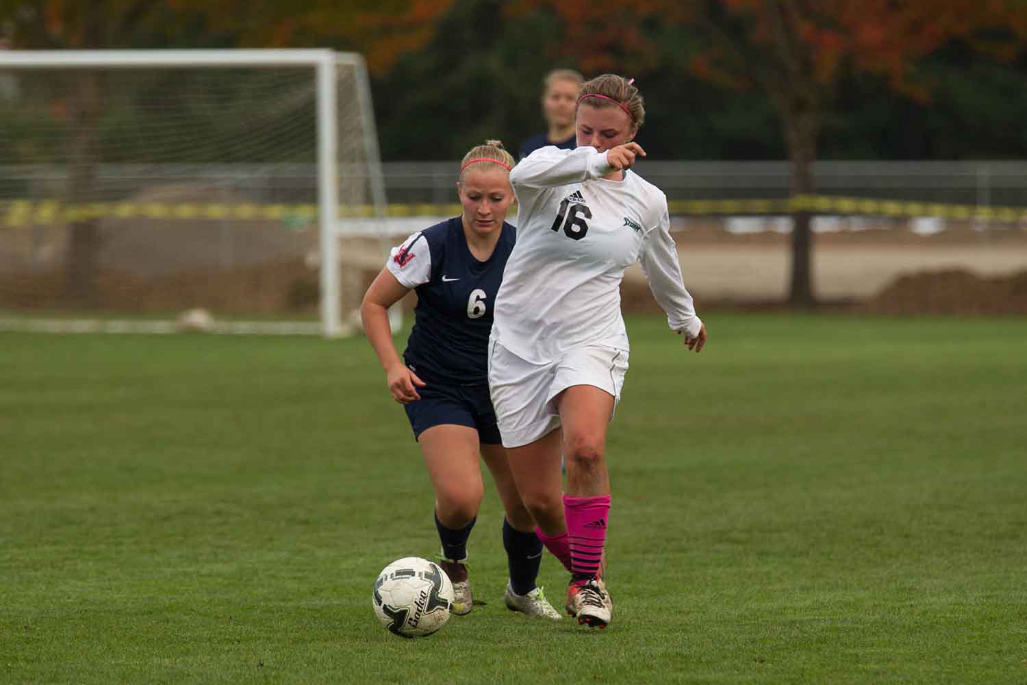 Two soccer players viyng for the ball