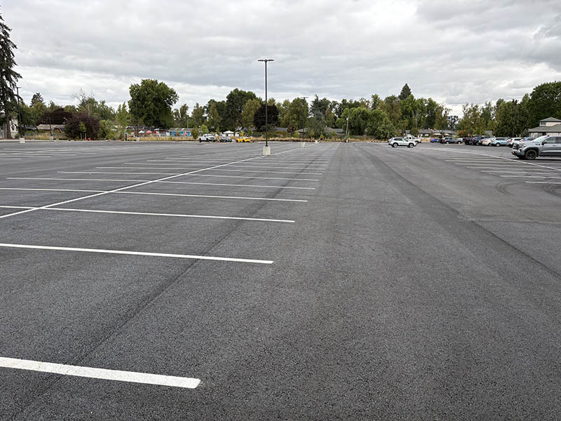 A newly repaved and repainted parking lot