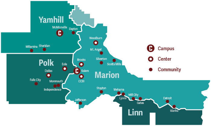 A map of Chemeketa Community College's service district with markers on large communities along with locations of campuses and outreach centers