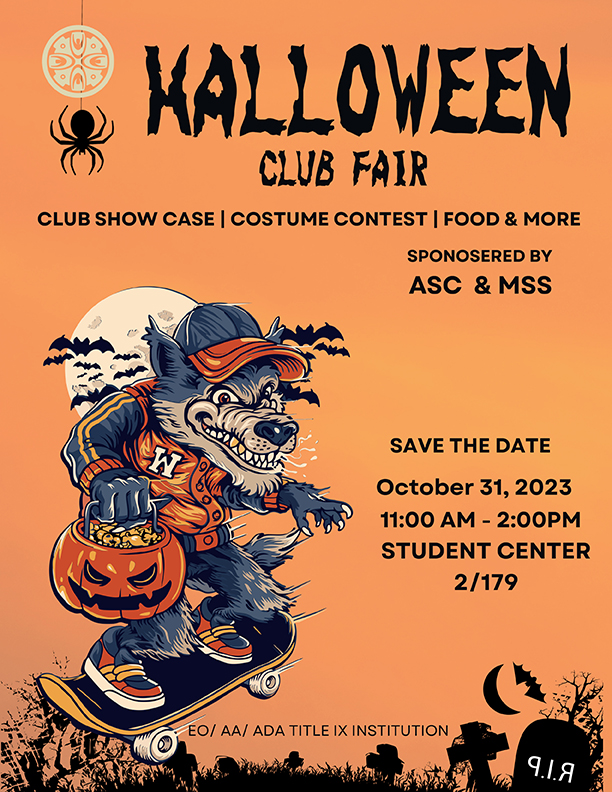 Halloween Club Fair  Club Showcase | Costume Contest | Food & More  Sponsored by ASC & MSS     Save the Date  October 31, 2023  11:00 AM - 2:00 PM  2/179 Student Center